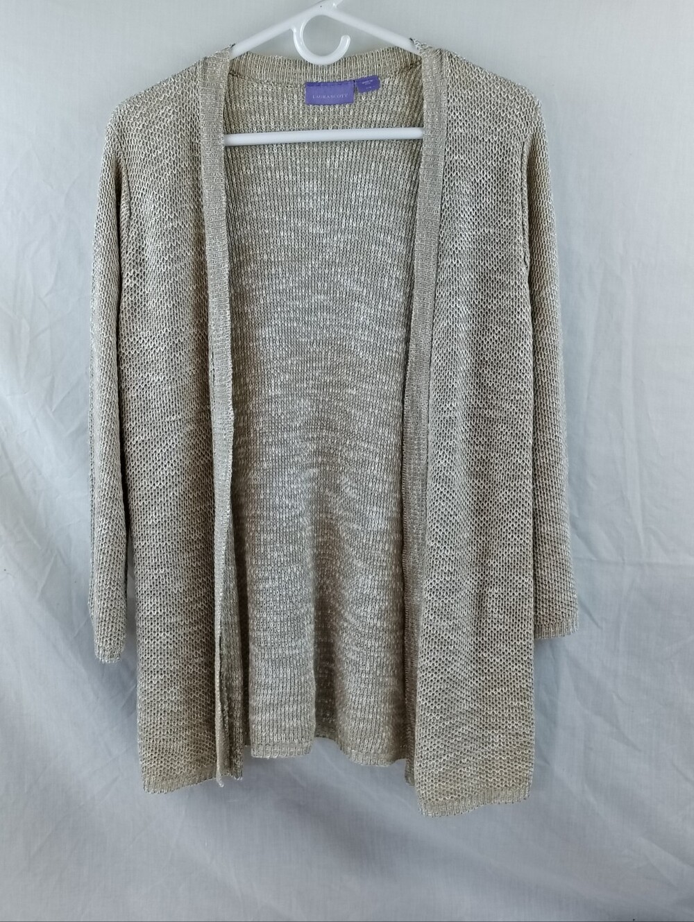 Laura Scott Open-Front Beige Knit Cardigan
